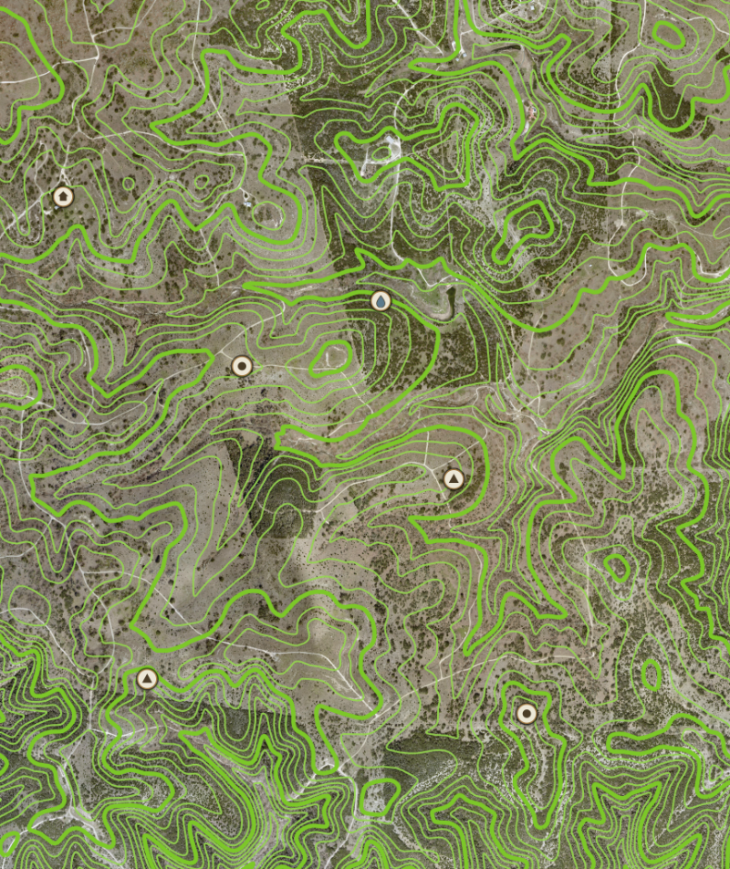 Deer lease aerial map print — green USGS contours over real imagery with blind, feeder, water and cabin pins